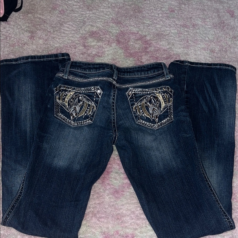 Elegant Dark Blue Boot Cut Jeans with Embellished Pockets